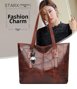 Detail of dark brown tote bag with geometric embossing and a panda charm