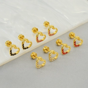 Detail of heart stud earrings set in gold with black, pink, red and clear crystals