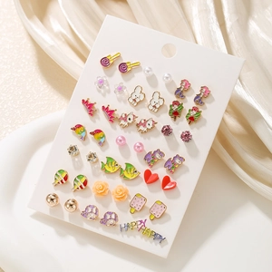 Detailed set of 20 pairs of cute colorful cartoon stud earrings on a display card