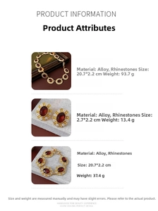Detailed size and weight specs for vintage ruby floral necklace, earrings, and bracelet set