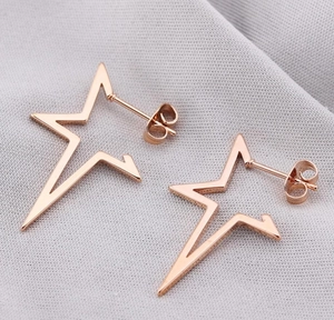 Detailed macro shot of rose gold star earrings featuring a hollow geometric pentagram design