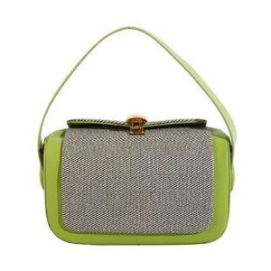 Borsa a mano in pelle verde e tessuto grigio con chiusura metallica dorata