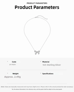 Macro shot of S925 sterling silver bow necklace pendant with cz stones and product parameters