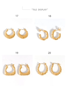 Detail display of four assorted irregular gold-plated stainless steel hoop earrings styles
