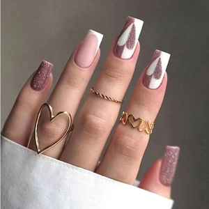 Pink Glitter Press On Nails Coffin Heart Pattern French Tip Long Fake Nails Sweet Cool Style For Women
