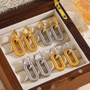 Geometric Oval Hoop Earrings Stainless Steel 18K Gold Plated Spiral Texture Drop Studs For Women Hip Hop Fashion Style