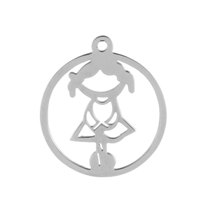 Macro detail of a silver stainless steel pendant featuring a hollow cartoon girl design
