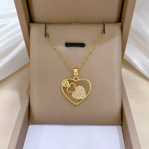 Heart Pendant Necklace Golden Stainless Steel Copper With Zircon Hollow Design Elegant Jewelry For Women