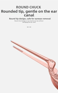 Detail of rose gold ear tweezers with crane relief and safe rounded tip design