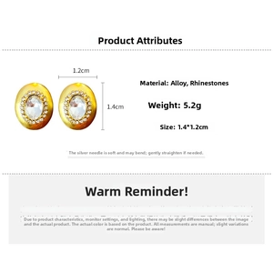 Detailed view of oval rhinestone stud earrings measuring 1.4cm by 1.2cm with silver needles