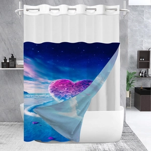 Detail view of double layer waffle shower curtain with purple heart and starry ocean print
