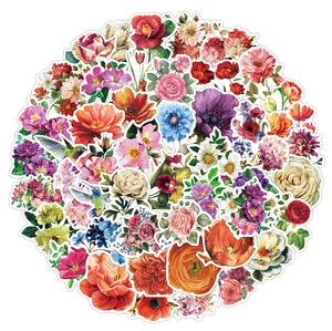 Detailed view of colorful vintage watercolor flower and hummingbird waterproof stickers