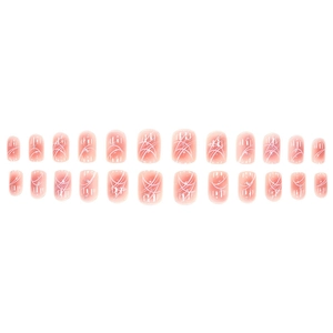 Pink press-on nails with white abstract lines and subtle glitter in short square shape
