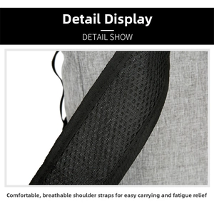 Detail showing breathable mesh fabric on padded shoulder straps of gray business backpack