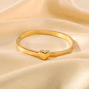 Heart Charm Bangle Bracelet 18K Gold Plated Stainless Steel Polished High Shine Minimalist Trendy Jewelry Accessory