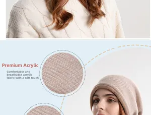 Detail of soft breathable acrylic fabric texture on light khaki knitted beanie