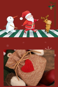 Detailed view of burlap gift bag accessory with red heart on a Christmas doll ornament
