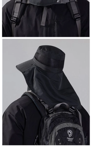 Detail of outdoor sun hat with wide brim, neck protection flap and breathable mesh