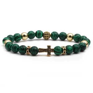 Malachite bead bracelet for men featuring a gold cross charm with black cubic zirconia