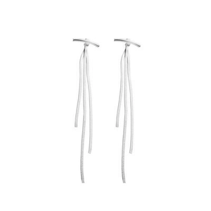 Detail showing polished silver long tassel drop earrings in minimalist three-strand design