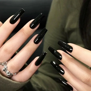 Glossy Black Long Coffin Press On Nails Solid Color Simple Elegant Ballet Style Artificial False Nails For Women
