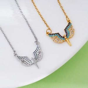 Titanium steel necklace with angel wing heart pendant in gold and silver finish