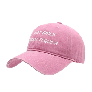 Pink washed cotton baseball cap with Hot Girls Drink Tequila white letter embroidery