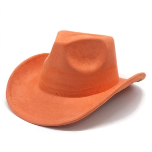 Classic orange faux suede western cowboy hat with wide brim and decorative stitching