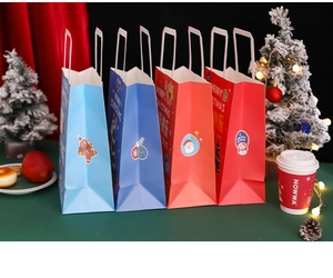Detailed set of Christmas paper gift bags with festive illustrations and white handles