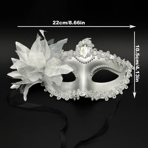 Silver Venetian party mask with sequin trim and floral detail measuring 22cm by 10.5cm