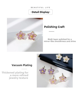 Macro shot of cubic zirconia flower earrings with polished gold plated stainless steel base