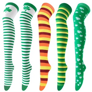 St Patrick Day Knit Thigh High Socks Shamrock Clover Green Striped Over The Knee Stockings Women Festive Party Costume