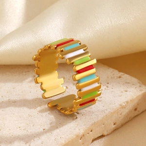 Stainless Steel Gold Plated Open Ring Colorful Enamel Striped Geometric Adjustable Band Niche Design For Women
