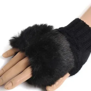 Women's black fingerless gloves with soft faux fur trim and warm ribbed knit cuffs