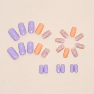 Square orange and lavender purple wavy pattern press-on nail kit for women