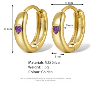 Detailed dimensions of gold 925 silver heart hoop earrings with purple gemstone