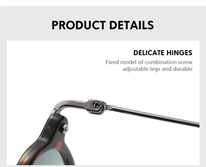 Detail of durable combination screw hinges and adjustable metal temples on sunglasses