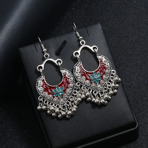 Vintage Indian style silver bell tassel earrings with red enamel and blue floral pattern