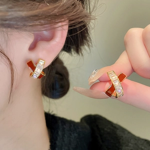 Vintage gold plated cross geometric stud earrings with zircons and red enamel