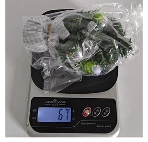 Detailed view of artificial Christmas pine branch on digital scale weighing 67g