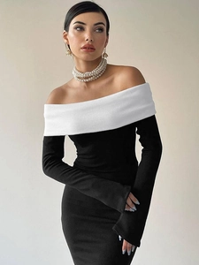 French chic off-shoulder black dress with white contrast fold-over neckline long sleeves