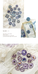Macro detail of 3D embossed vintage stickers featuring blue flowers and butterflies