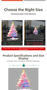 Pink cartoon Christmas tree window decal showing size customization options for shop windows