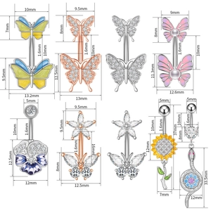 Detailed size specifications for zircon belly button rings in butterfly and flower designs