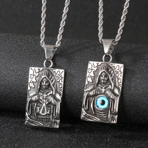 Gothic skull wizard pendants with blue evil eye on stainless steel necklaces for men