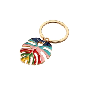 Colorful monstera leaf keychain in enamel alloy gold finish for bags and car keys