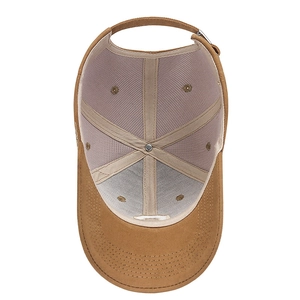 Internal view of khaki canvas baseball cap with reinforced seams and adjustable metal buckle