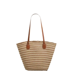 Large capacity straw tote bag with brown leather straps and striped woven texture