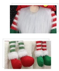 Macro detail of Christmas gnome with long white faux fur beard and striped knitted limbs