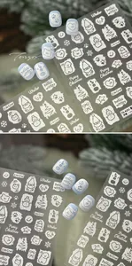 Detail of 3D embossed white Christmas nail stickers with snowman and snowflake designs